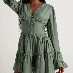 Lulus Ayaana Sage Green Long Sleeve Tiered Mini Dress